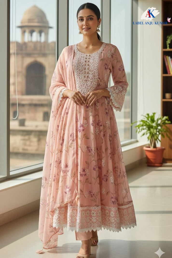 Peach Pure Mal Cotton Digital Printed Chikan Work Anarkali Suit Set