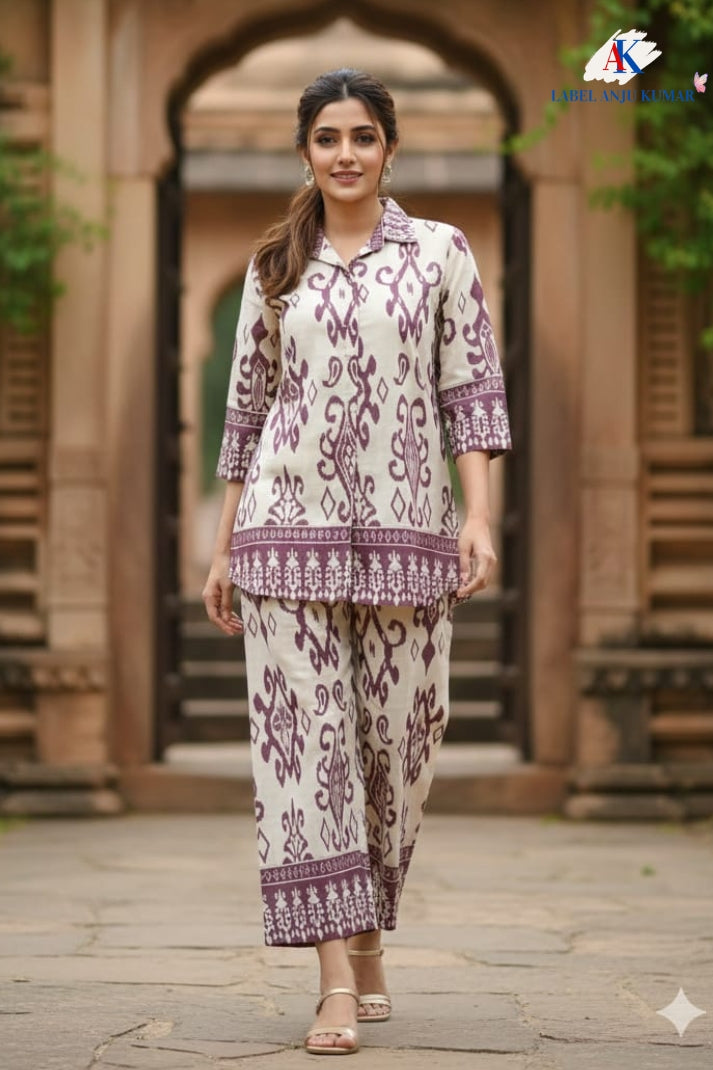 Wine Chanderi Cotton Ikkat Print Coord Set for Women