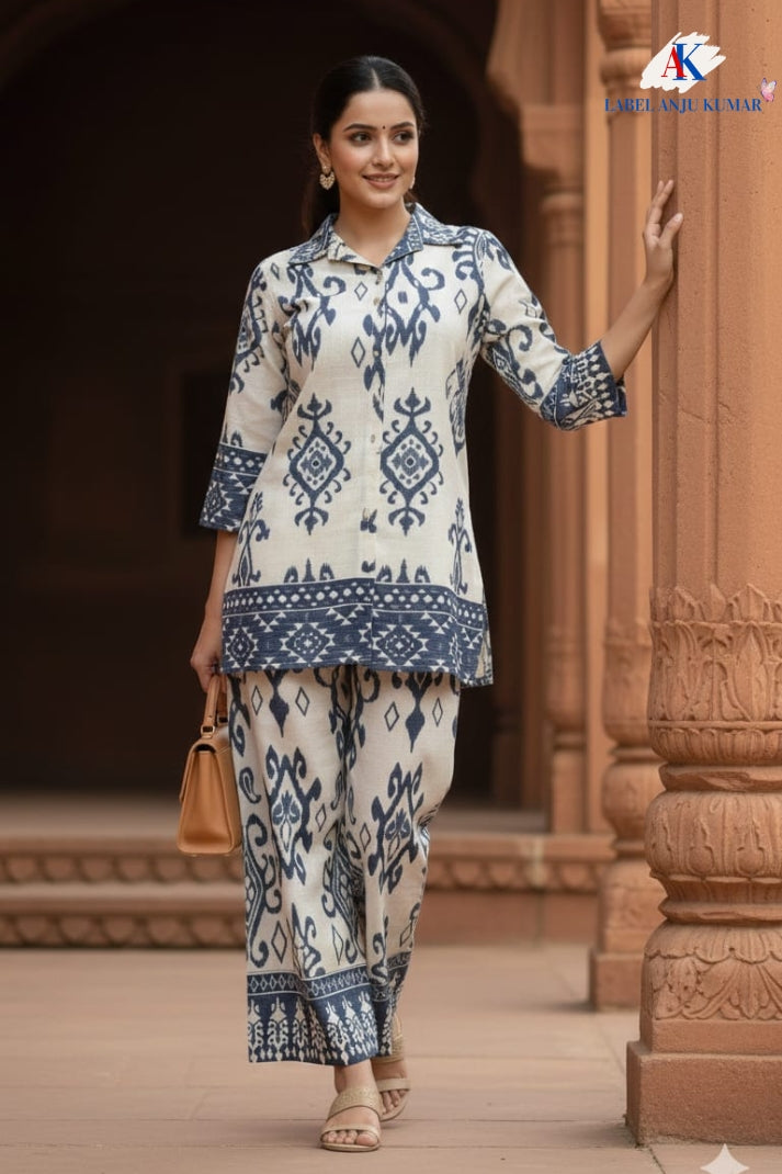 Grey Chanderi Cotton Ikkat Print Coord Set for Women
