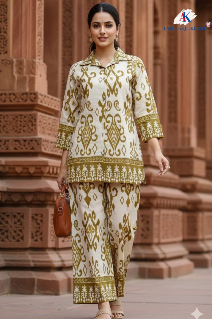 Mustard Chanderi Cotton Ikkat Print Coord Set for Women