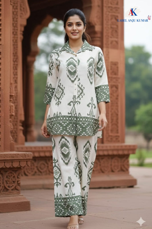 Green Chanderi Cotton Ikkat Print Coord Set for Women