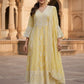 Lemon Pure Mal Cotton Chikan Work Anarkali Suit Set with Dupatta
