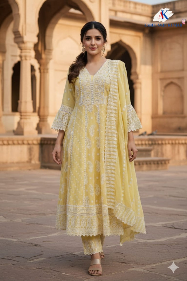 Lemon Pure Mal Cotton Chikan Work Anarkali Suit Set with Dupatta