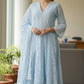 Sky Blue Pure Mal Cotton Chikan Work Anarkali Suit Set with Dupatta