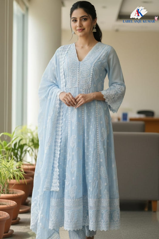Sky Blue Pure Mal Cotton Chikan Work Anarkali Suit Set with Dupatta