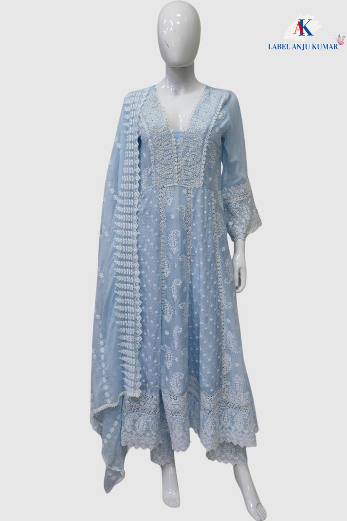 Sky Blue Pure Mal Cotton Chikan Work Anarkali Suit Set with Dupatta