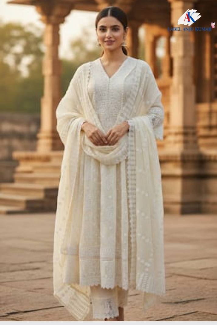 Ivory Pure Mal Cotton Chikan Work Anarkali Suit Set with Dupatta