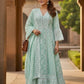 Sea Green Pure Mal Cotton Chikan Work Anarkali Suit Set with Dupatta