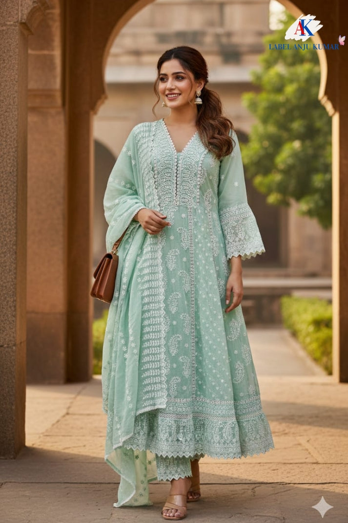 Sea Green Pure Mal Cotton Chikan Work Anarkali Suit Set with Dupatta