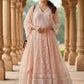 Peach Pure Mal Cotton Chikan Work Anarkali Suit Set with Dupatta