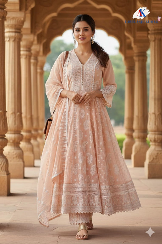 Peach Pure Mal Cotton Chikan Work Anarkali Suit Set with Dupatta