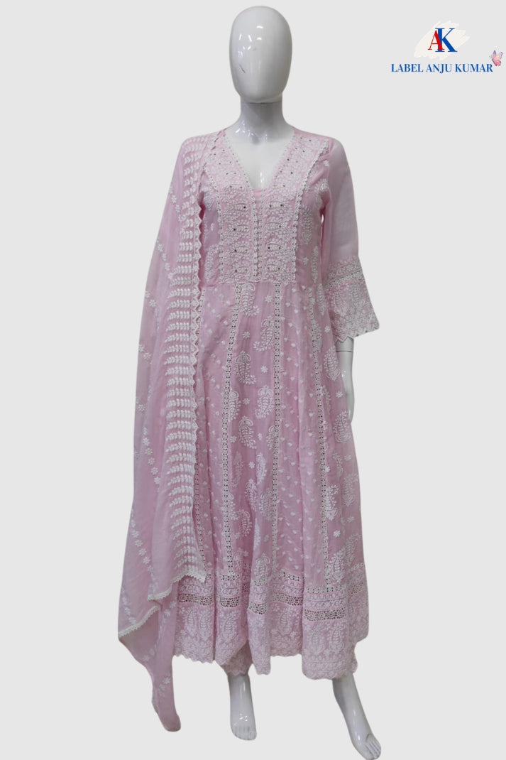 Pink Pure Mal Cotton Chikan Work Anarkali Suit Set with Dupatta