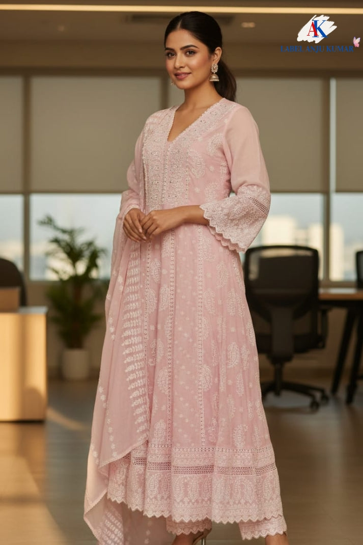 Pink Pure Mal Cotton Chikan Work Anarkali Suit Set with Dupatta