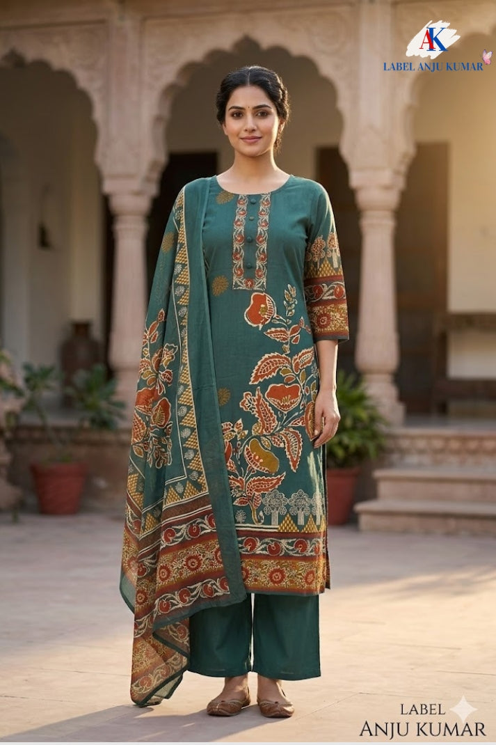 Green Pure Cotton Printed Straight Suit Dupatta Set