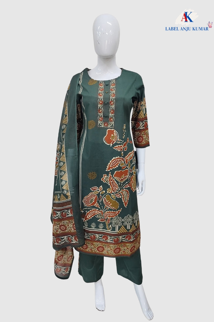 Green Pure Cotton Printed Straight Suit Dupatta Set