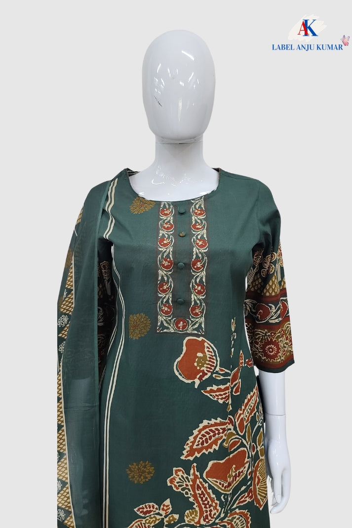 Green Pure Cotton Printed Straight Suit Dupatta Set