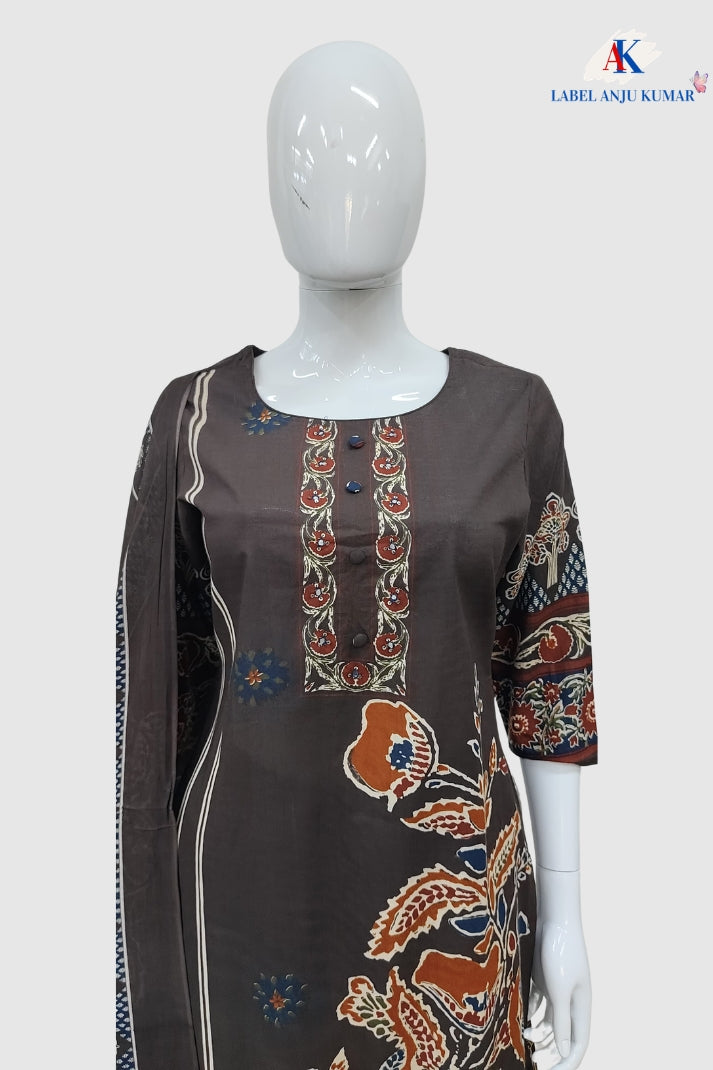 Brown Pure Cotton Printed Straight Suit Dupatta Set