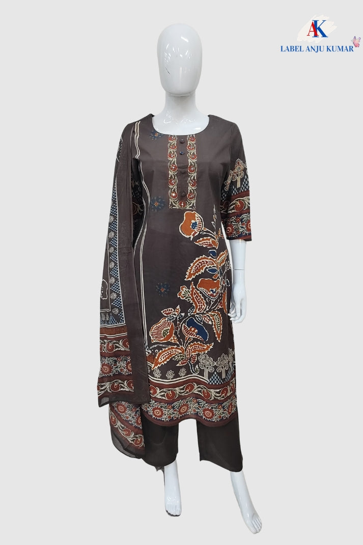 Brown Pure Cotton Printed Straight Suit Dupatta Set