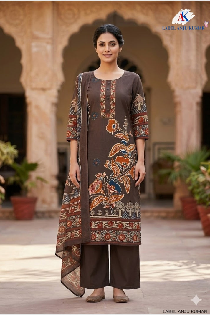 Brown Pure Cotton Printed Straight Suit Dupatta Set