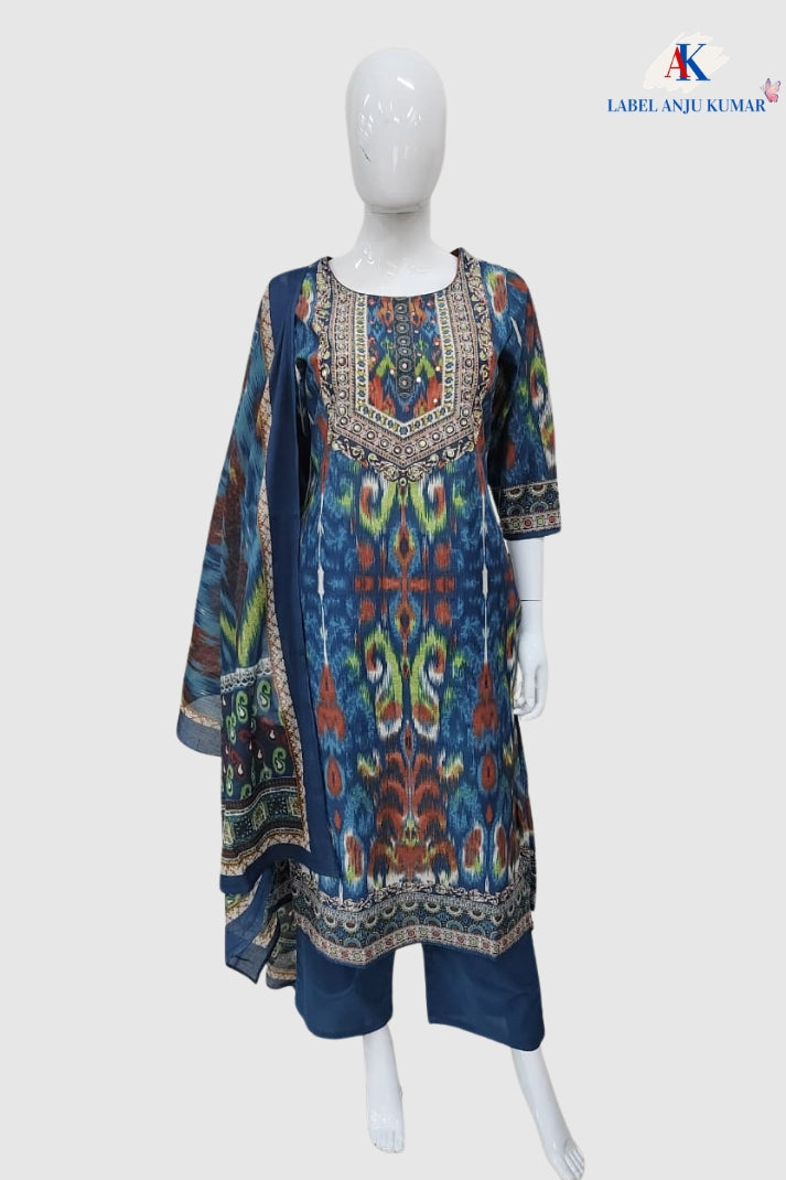 Blue Pure Cotton Printed Straight Suit Dupatta Set
