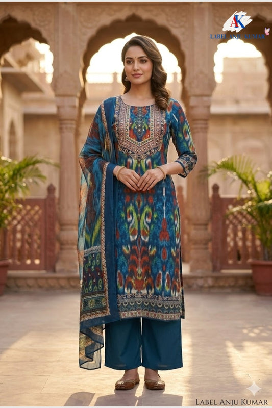 Blue Pure Cotton Printed Straight Suit Dupatta Set
