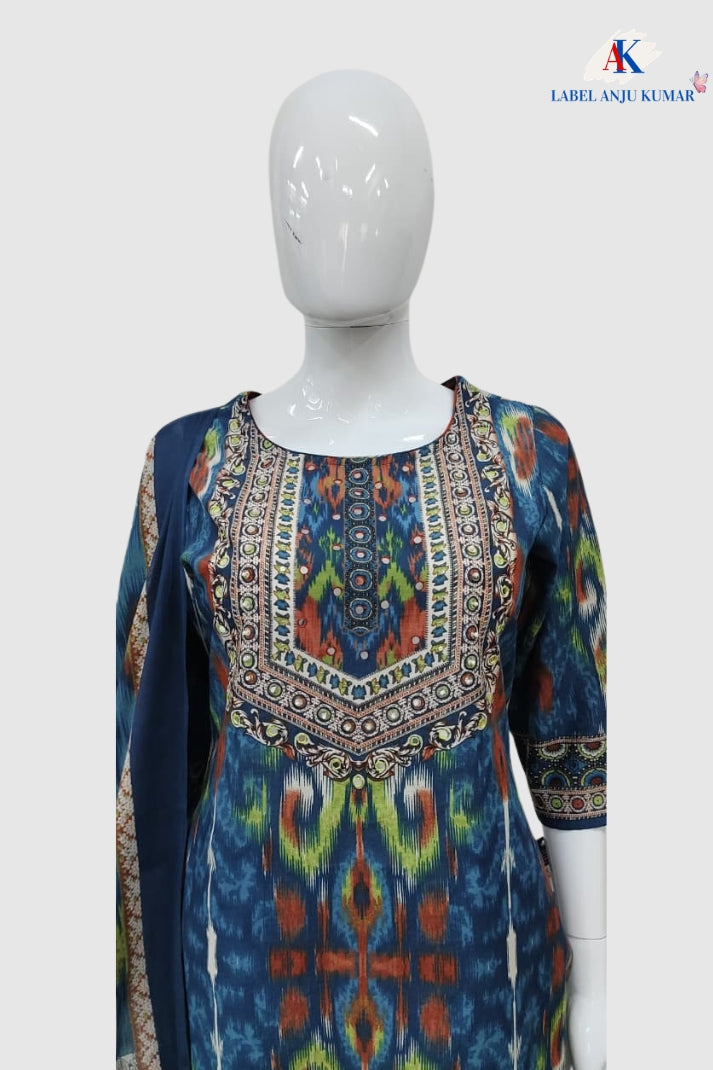 Blue Pure Cotton Printed Straight Suit Dupatta Set