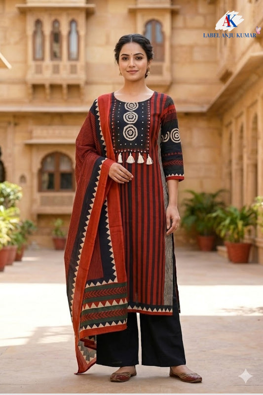 Mehroon Pure Cotton Printed Straight Suit Dupatta Set