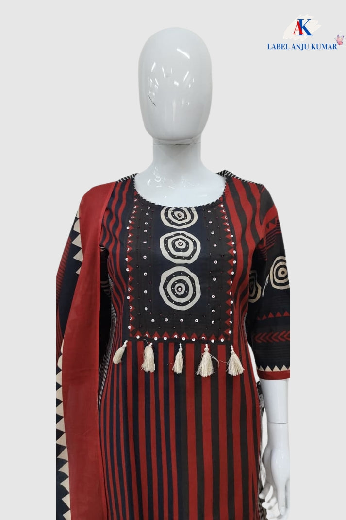 Mehroon Pure Cotton Printed Straight Suit Dupatta Set