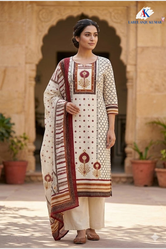 Offwhite Mustard Pure Cotton Printed Straight Suit Dupatta Set