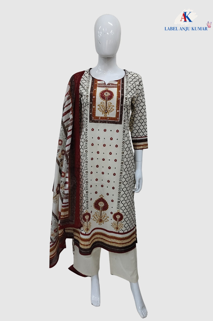 Offwhite Mustard Pure Cotton Printed Straight Suit Dupatta Set
