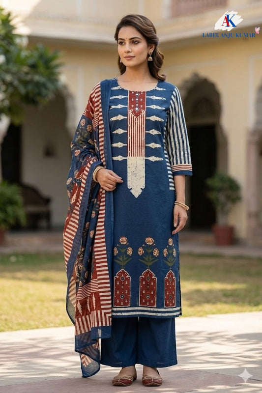 Navy Pure Cotton Printed Straight Suit Dupatta Set