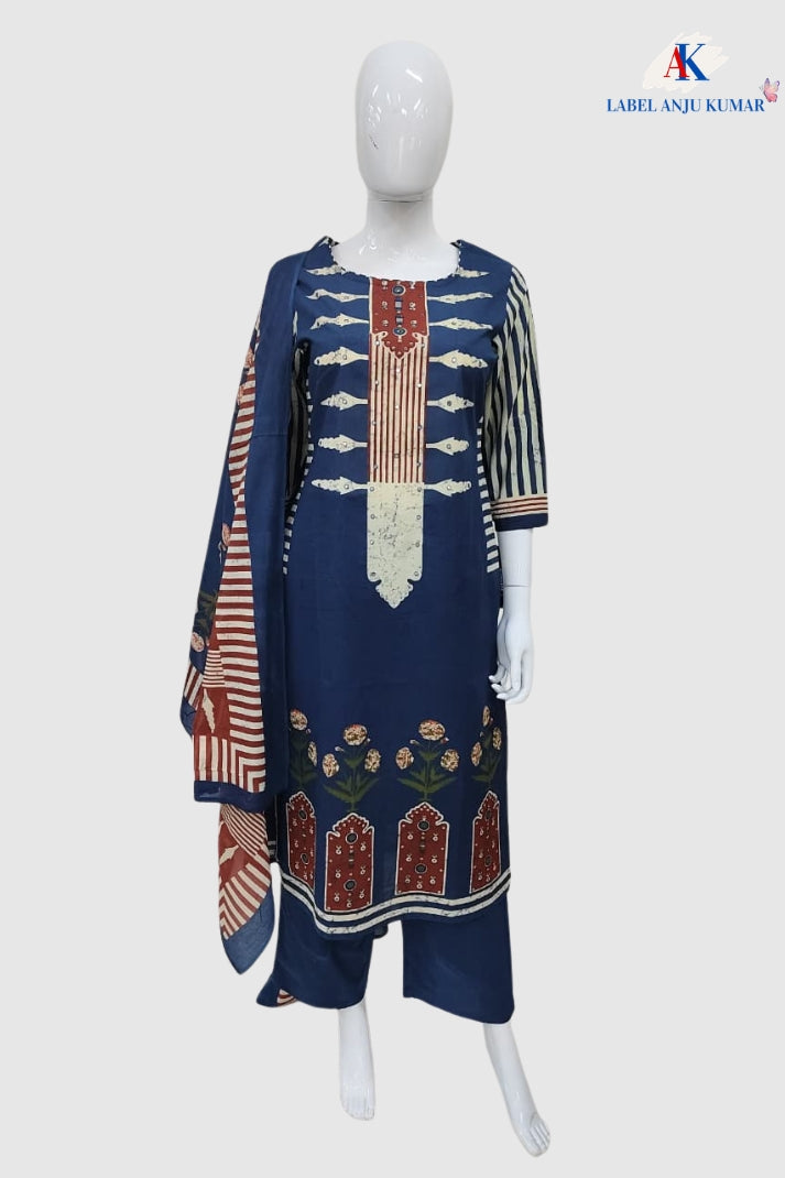Navy Pure Cotton Printed Straight Suit Dupatta Set