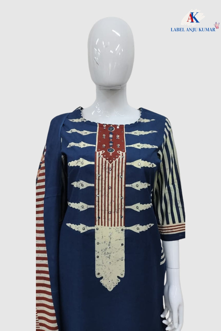Navy Pure Cotton Printed Straight Suit Dupatta Set