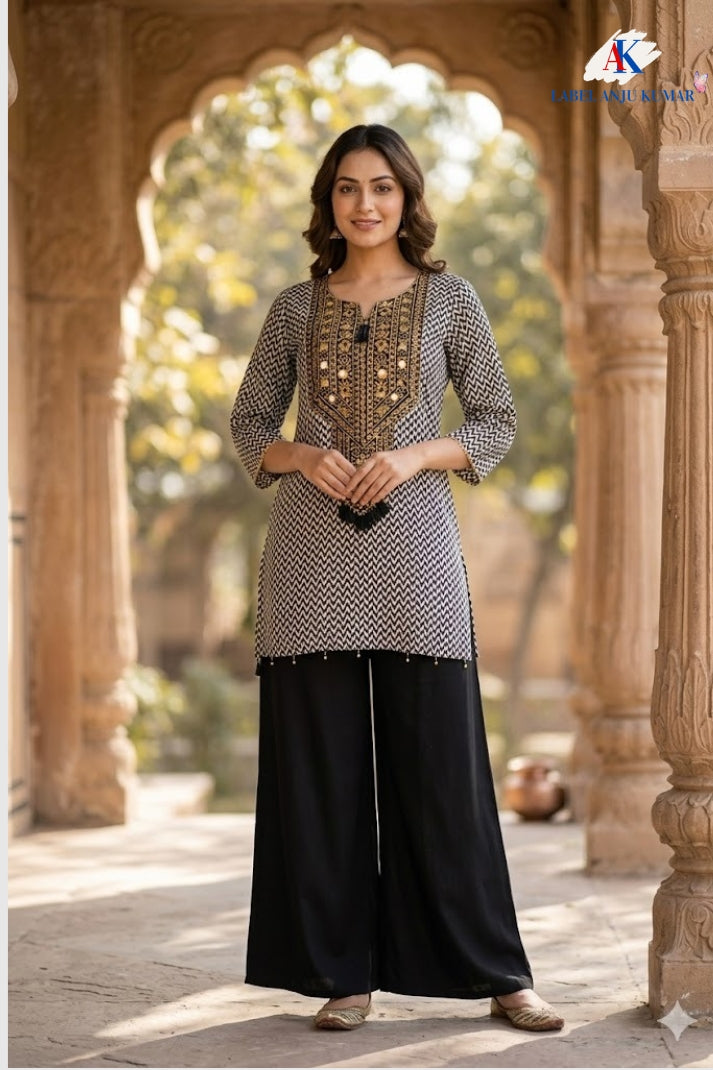 White Black Muslin Geometrical Printed Semi Formal Coord Set with Zari Neck Patch