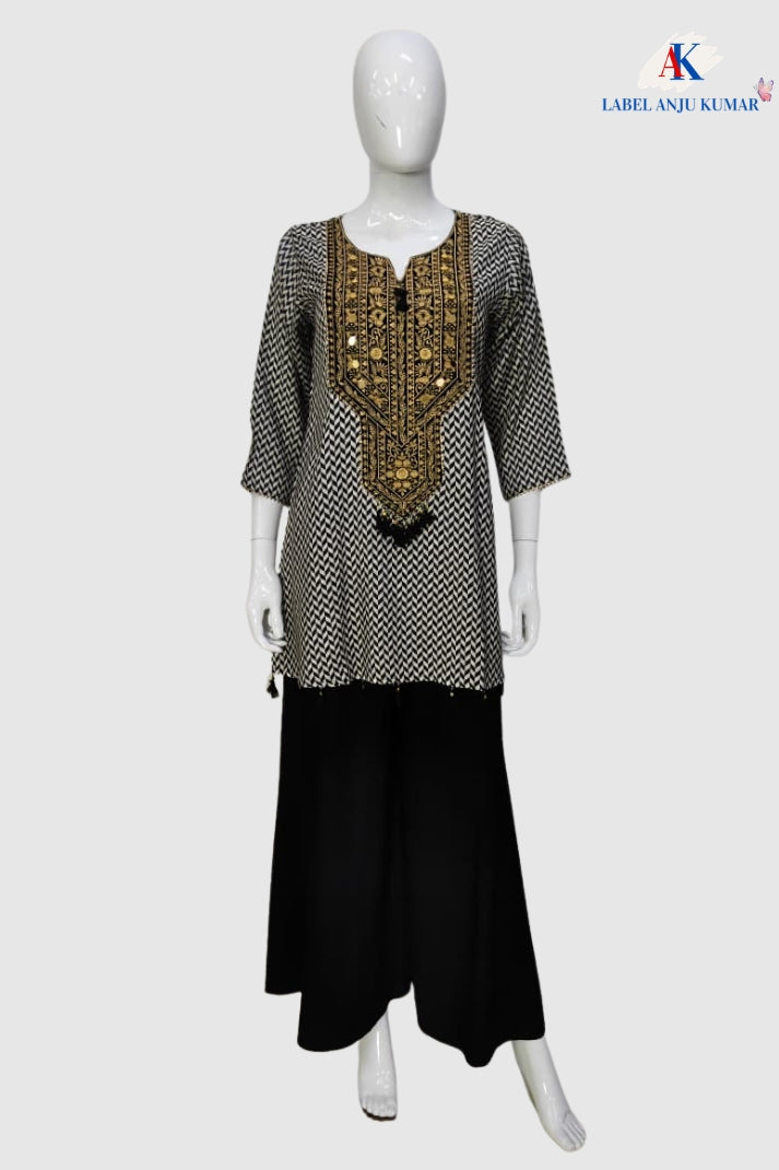 White Black Muslin Geometrical Printed Semi Formal Coord Set with Zari Neck Patch