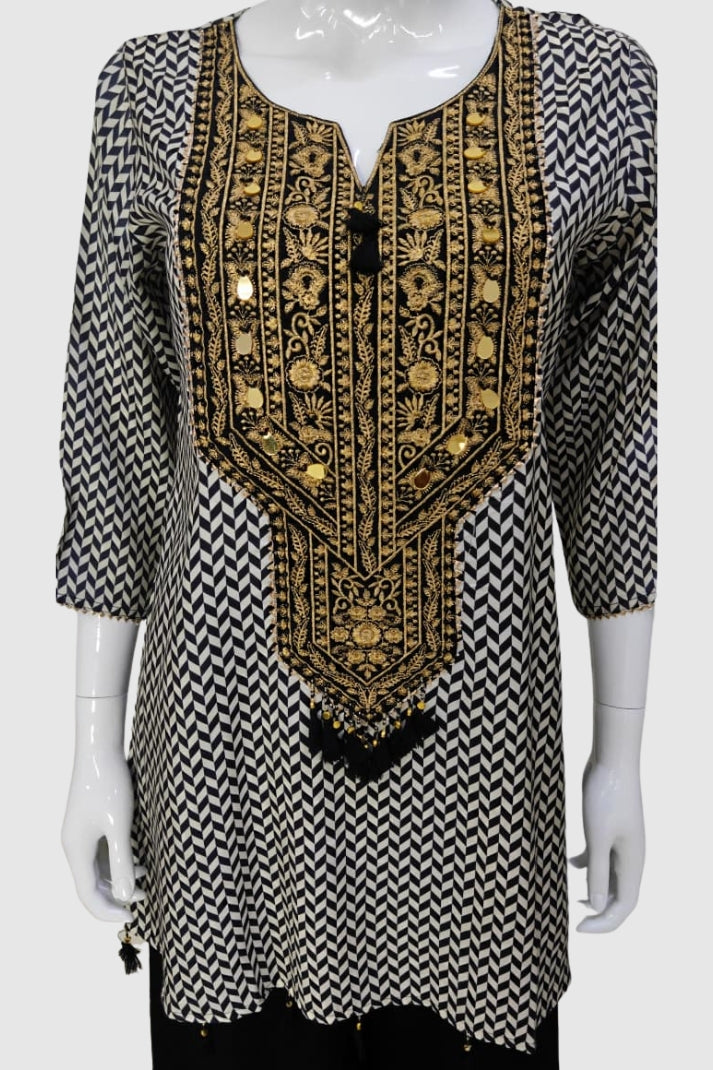 White Black Muslin Geometrical Printed Semi Formal Coord Set with Zari Neck Patch