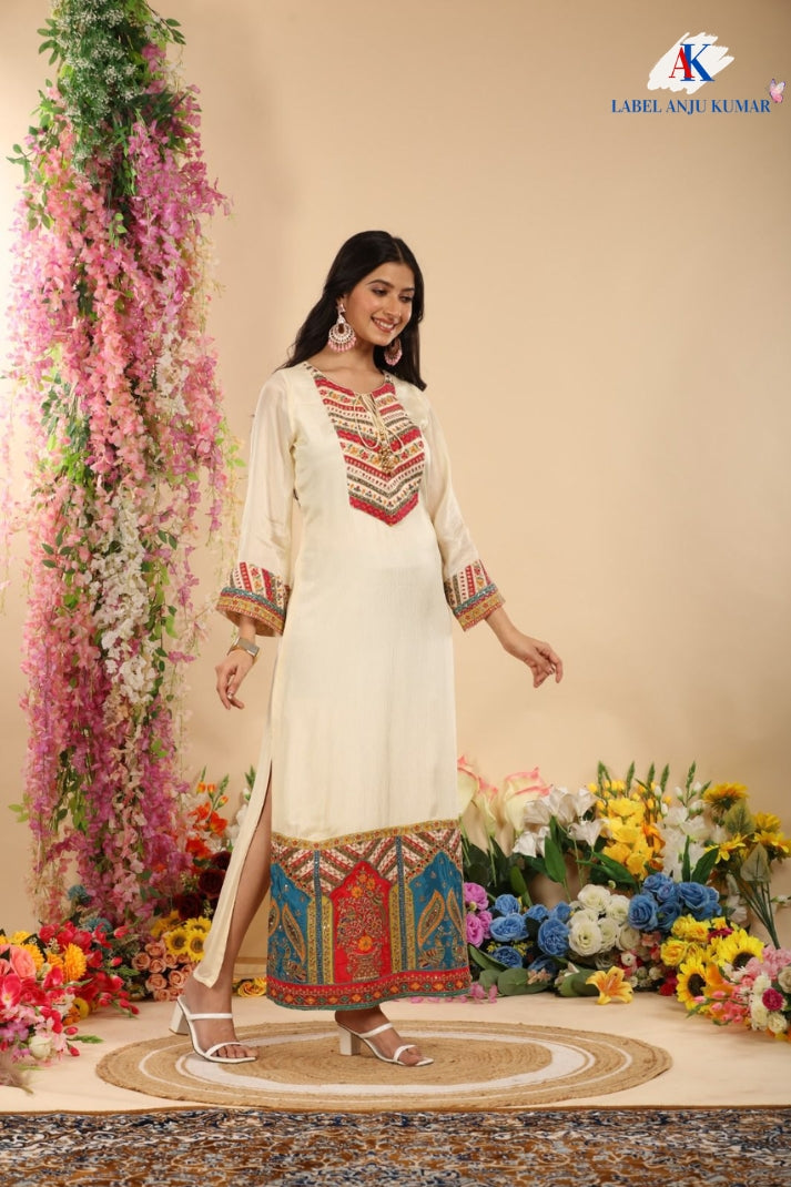 Off White Pure Chinon Long Kaftaan Style Dress with Embroidery and Trousers