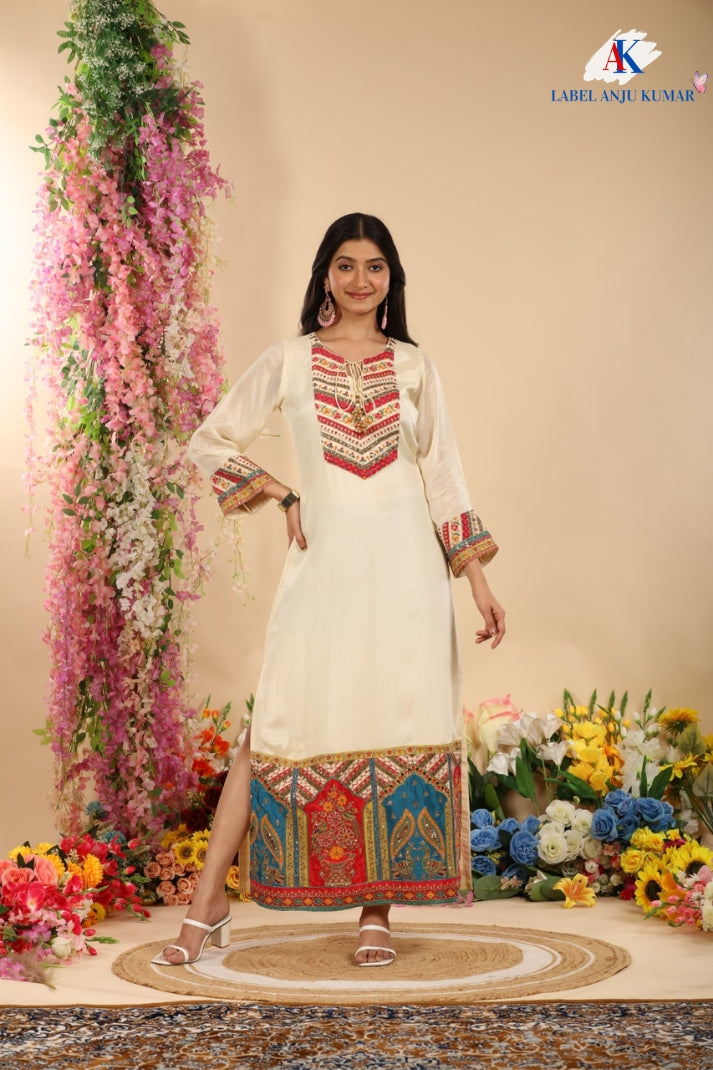 Off White Pure Chinon Long Kaftaan Style Dress with Embroidery and Trousers