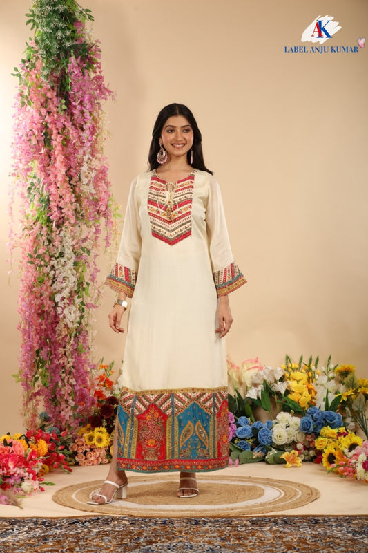Off White Pure Chinon Long Kaftaan Style Dress with Embroidery and Trousers