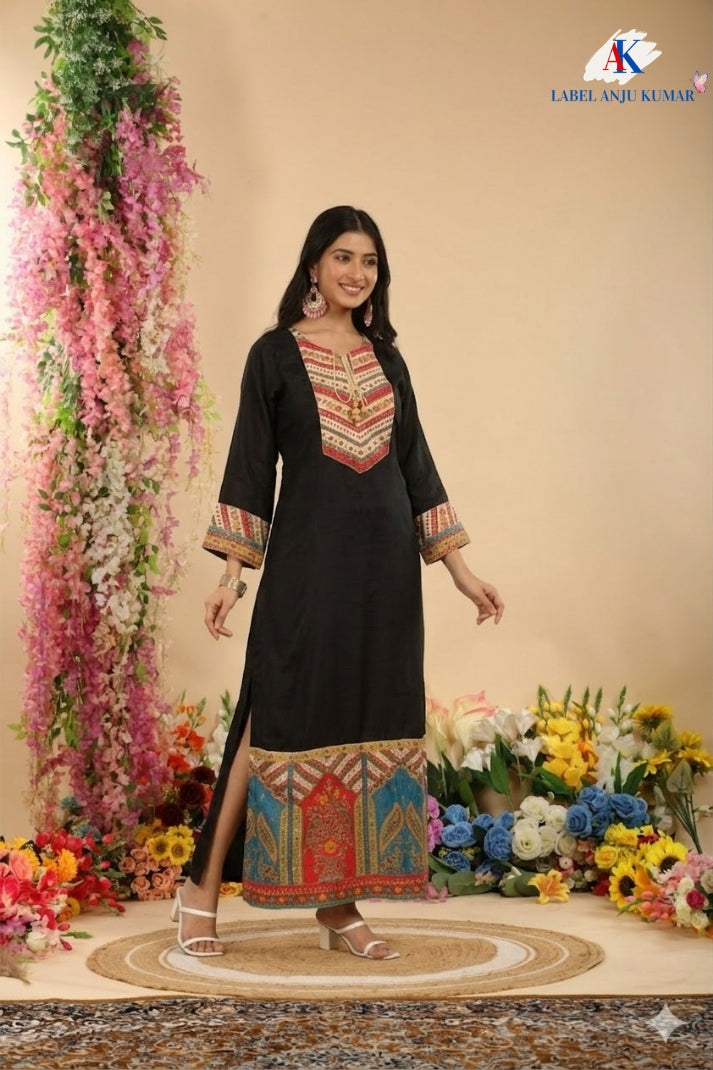 Black Pure Chinon Long Kaftaan Style Dress with Embroidery and Trousers