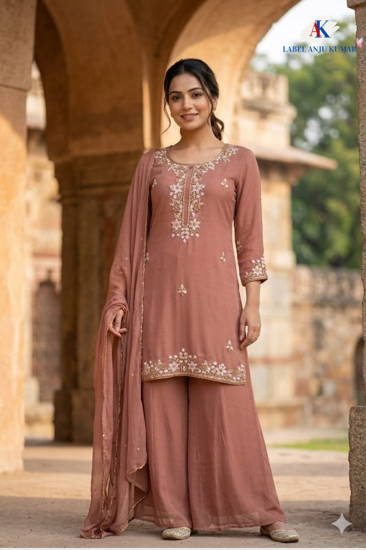 Light Rust Pure Chinon Sharara Suit Dupatta Set with Heavy Embroidery