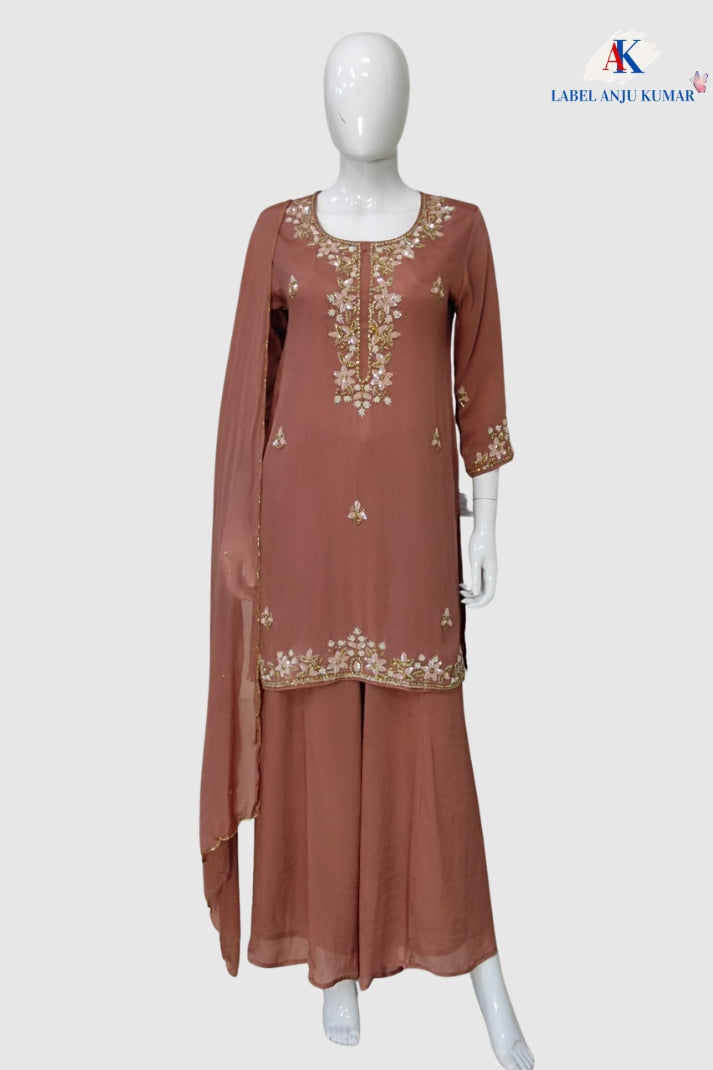 Light Rust Pure Chinon Sharara Suit Dupatta Set with Heavy Embroidery