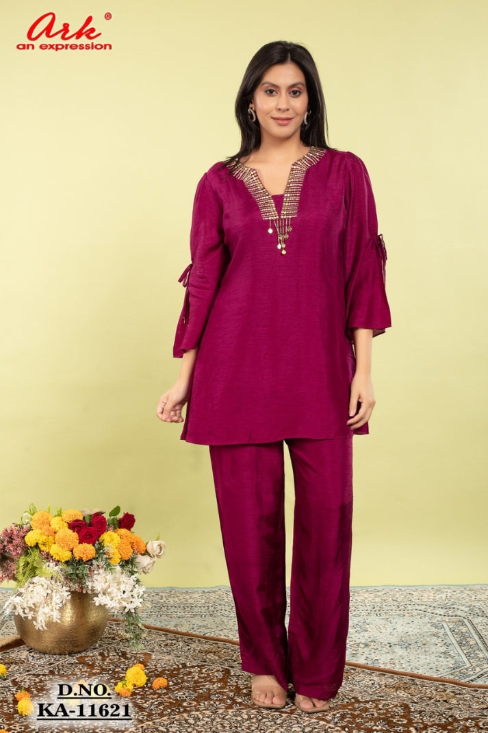 Wine Silk Semi-Formal Coord Set with Elegant Hand Embroidery – Women’s Ethnic Wear
