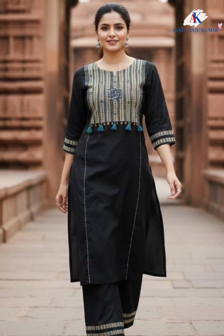 Black Khadi Cotton Coord Set with Blue Patch and Mirror Work