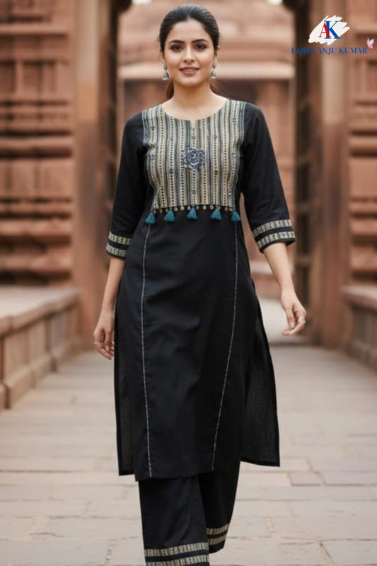 Black Khadi Cotton Coord Set with Blue Patch and Mirror Work
