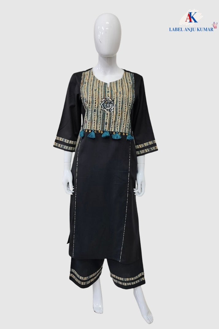 Black Khadi Cotton Coord Set with Blue Patch and Mirror Work