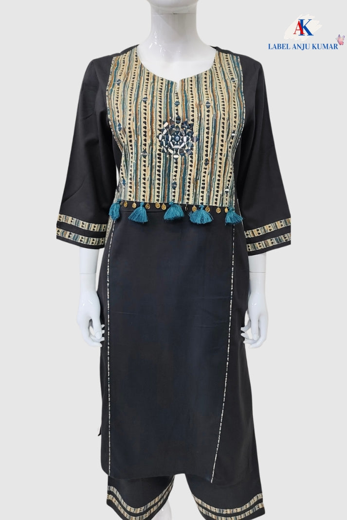 Black Khadi Cotton Coord Set with Blue Patch and Mirror Work