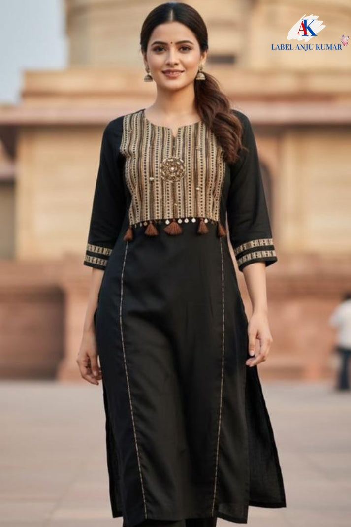 Black Khadi Cotton Coord Set with Brown Patch and Mirror Work