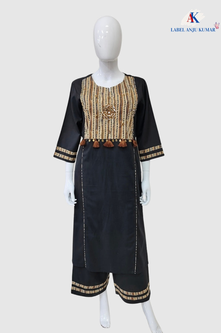 Black Khadi Cotton Coord Set with Brown Patch and Mirror Work