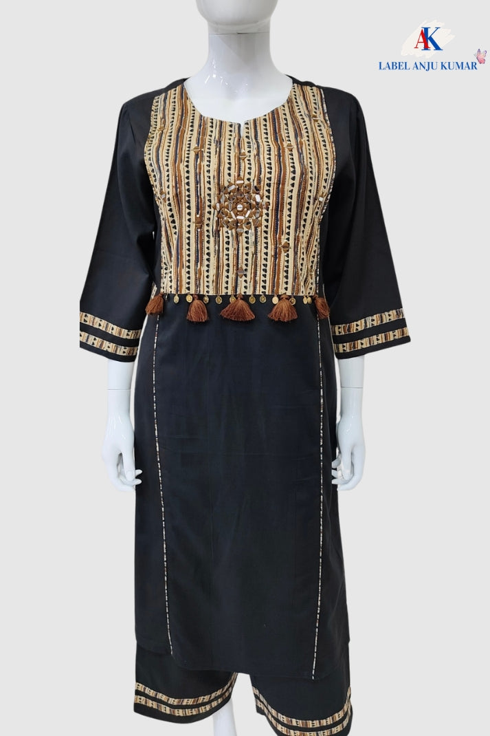 Black Khadi Cotton Coord Set with Brown Patch and Mirror Work